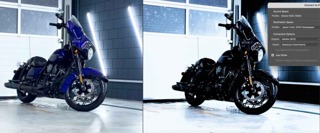 A photoshop screenshot of two images of the same bike side by side with different rendering intents applied.